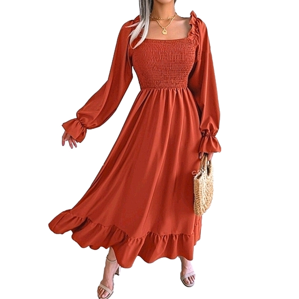 Fall Dress Square Neck Brown Terracotta Sheered Cold Weather Dresses Outfit - Picture 3 of 12